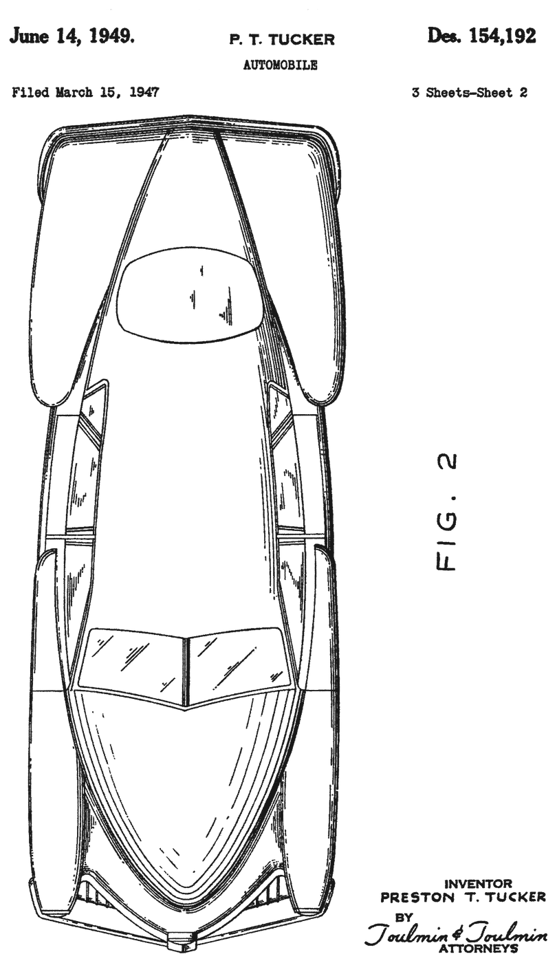 Patent drawing, top view of the Tucker automobile