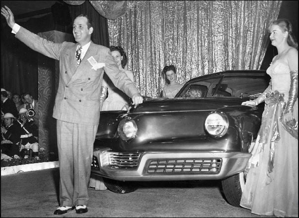 Preston Tucker presenting the car on stage