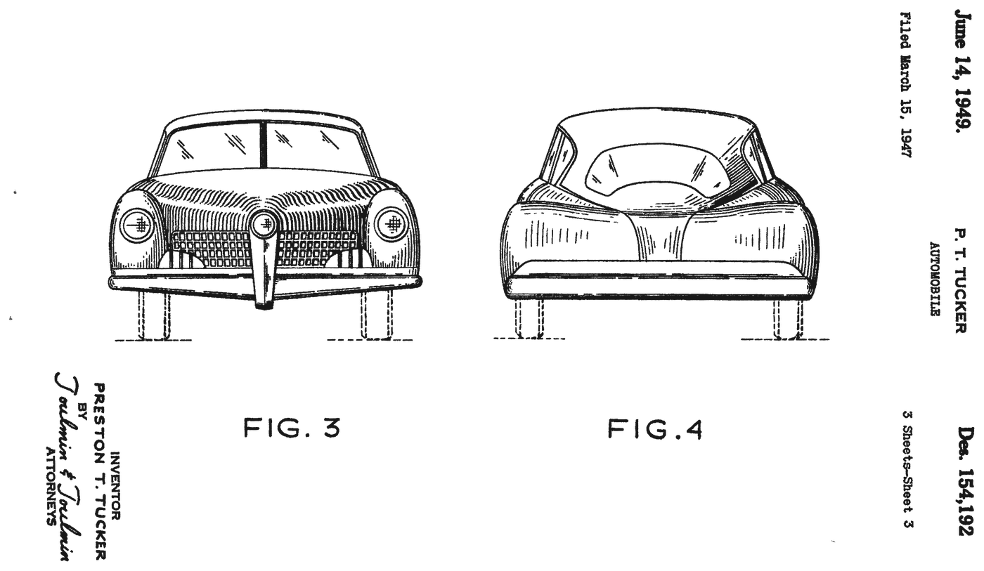 Patent drawing, front and rear views of the Tucker automobile