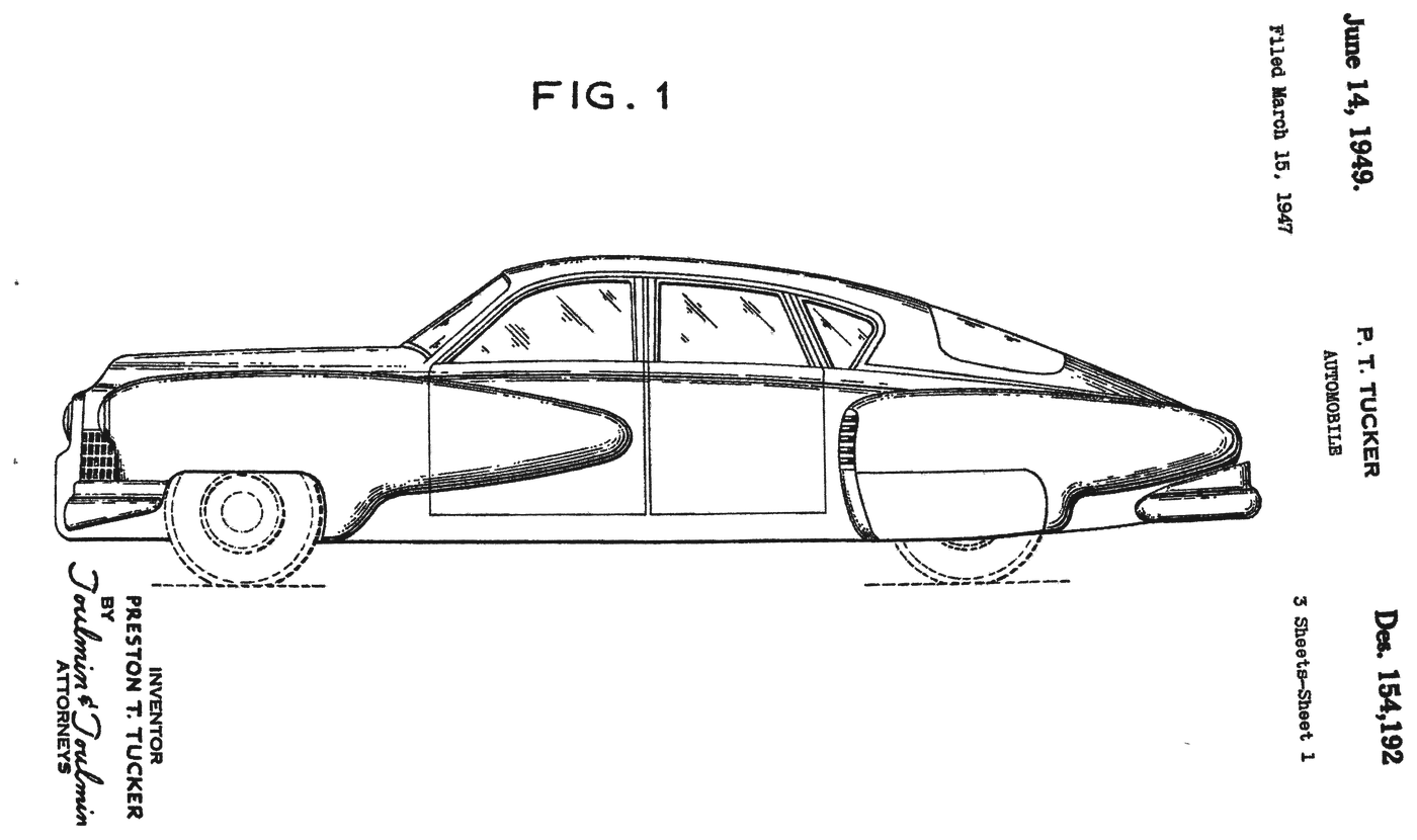 Patent drawing, side view of the Tucker automobile