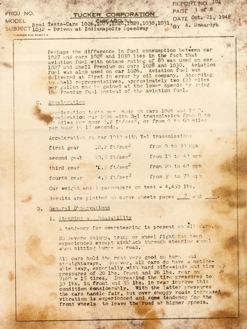 Tucker Corporation road test report, Indianapolis Motor Speedway, October 1948